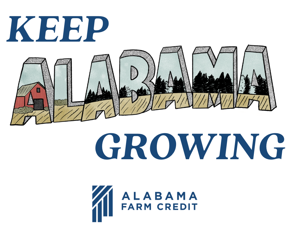 Keep Alabama growing with Alabama Farm Credit logo and farmland-themed letters