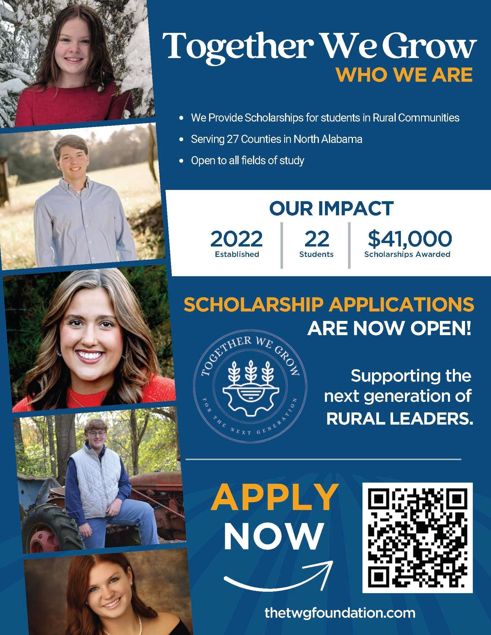 Together We Grow scholarship flyer with staff photos, impact stats, and QR code to apply now