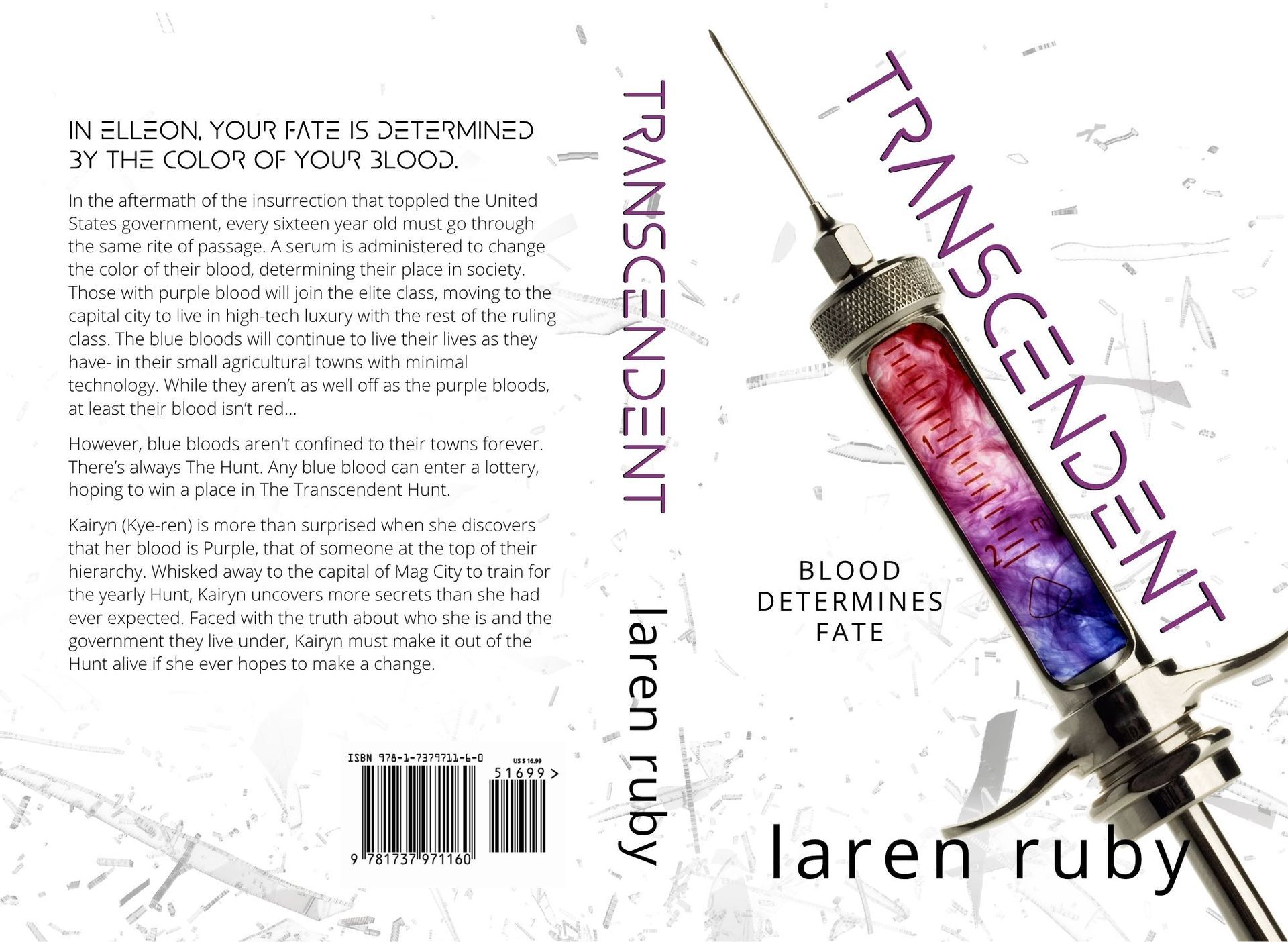 Book cover with a tilted purple syringe and the title Transcendent by Lauren Ruby, Blood Defines Fate series
