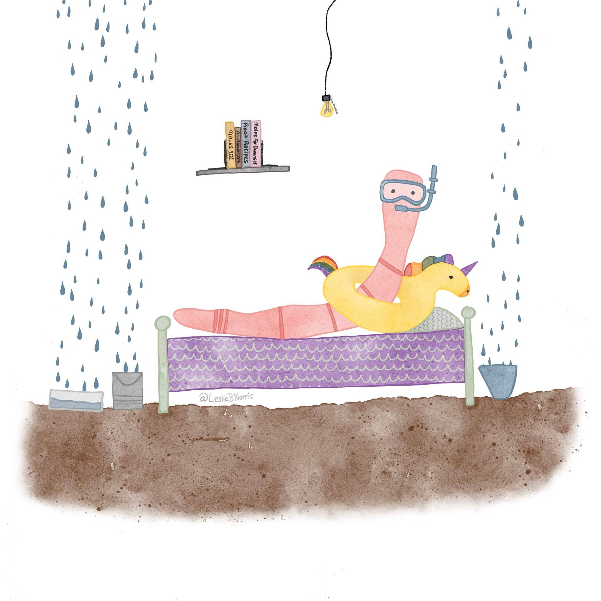 Person in pink pajamas and snorkel mask lying on a bed with a yellow duck float, in a rain-soaked room