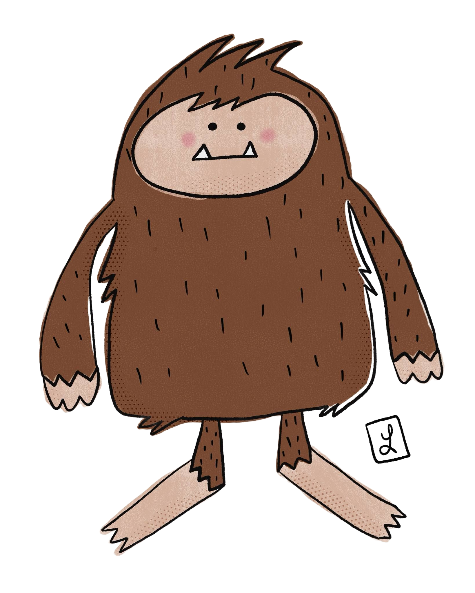 Cartoon brown furry monster with a beige face and long legs, standing on a white background.