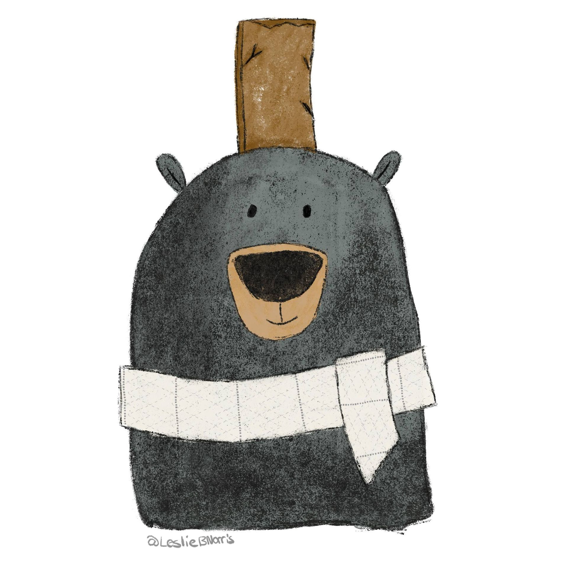 Cartoon black bear wearing a white scarf and a wooden stick on its head