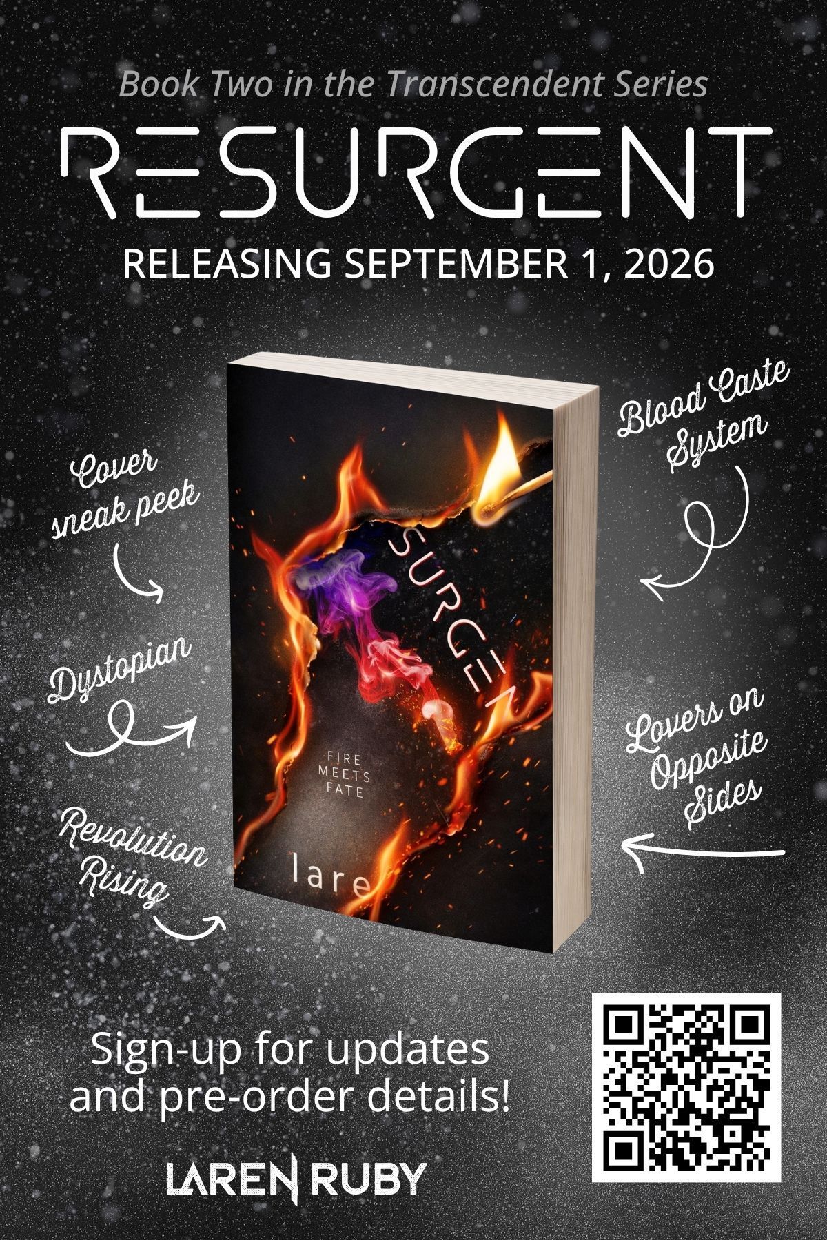 Book promo for “RESURGENT,” with a fiery dark cover, release date, QR code, and preorder text.