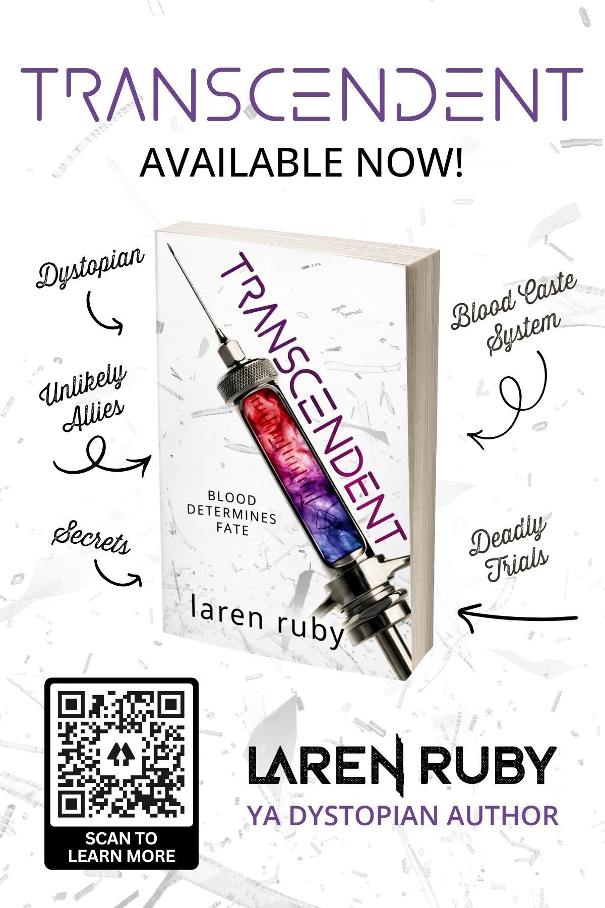 Promotional graphic for the novel “Transcendent” by Laren Ruby, showing the book cover and author name.