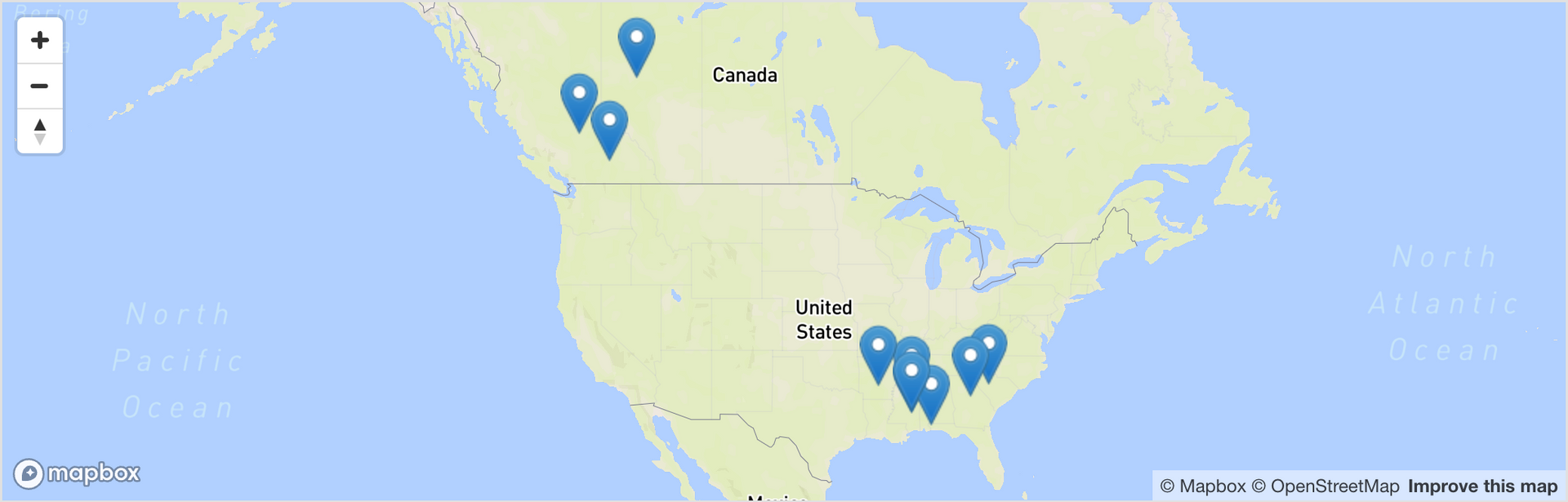 a map of the united states with blue pins on it