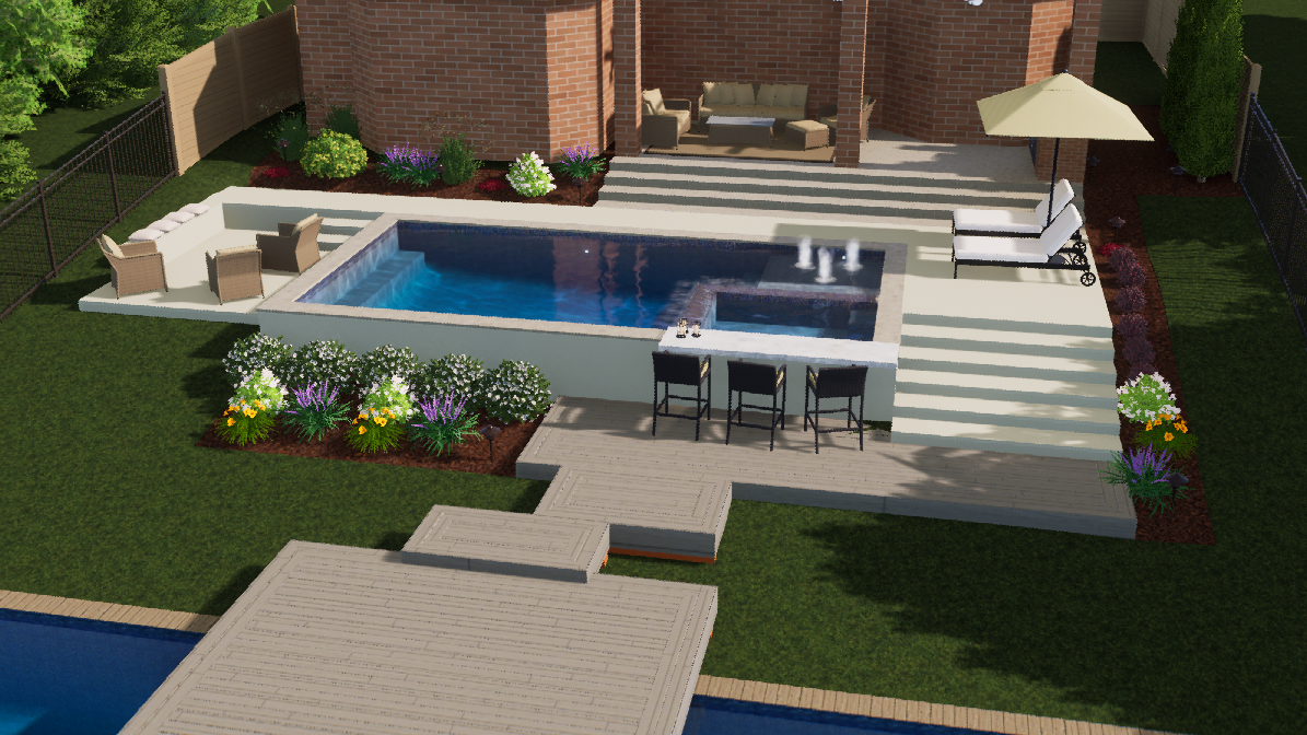 Backyard patio with pool, lounge chairs, steps, and flower beds beside a brick house