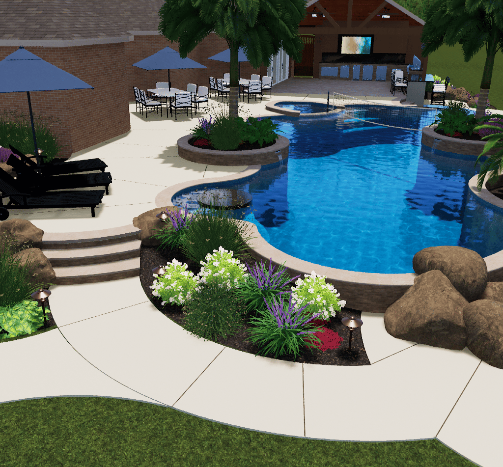 Resort-style pool with curved blue water, lounge chairs, umbrellas, and landscaped flower beds.