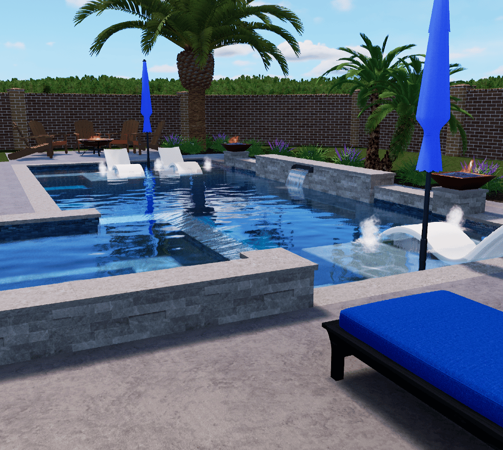 Modern pool area with blue lounge chairs, umbrellas, palm trees, and a hot tub.