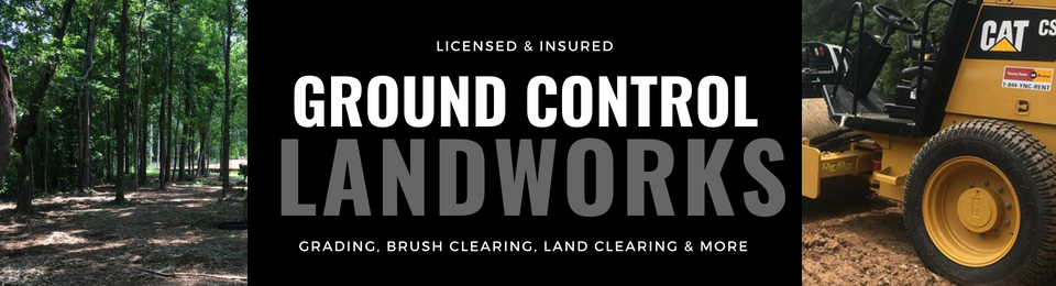 Business card for Ground Control Landworks featuring a wooded area, heavy construction equipment, and service details.