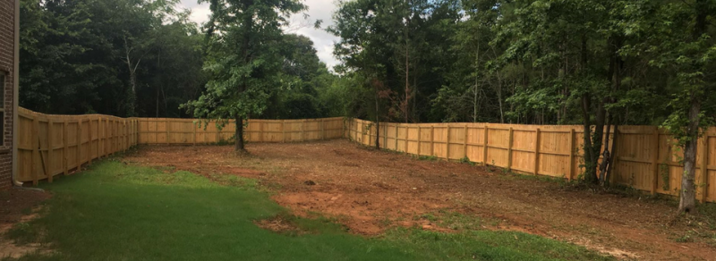 A wooden privacy fence surrounds a backyard with a patch of green grass in the foreground and bare dirt in the back.