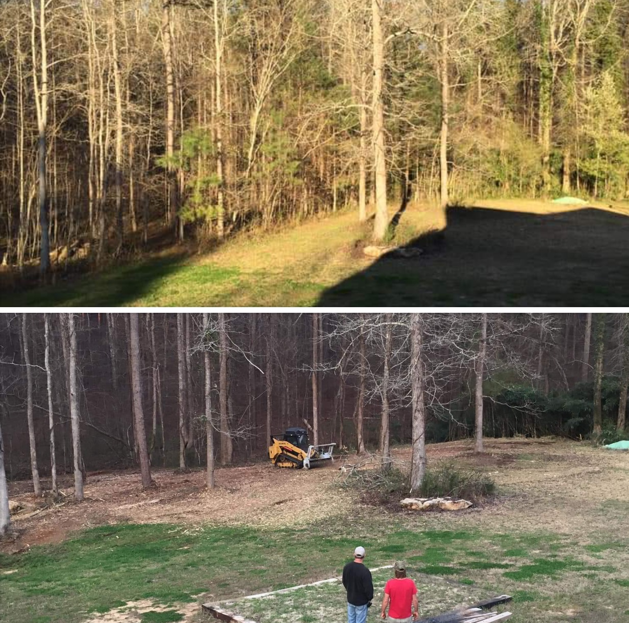 Before and after photos of land clearing: a wooded yard transformed by a small yellow excavator, viewed by two people.