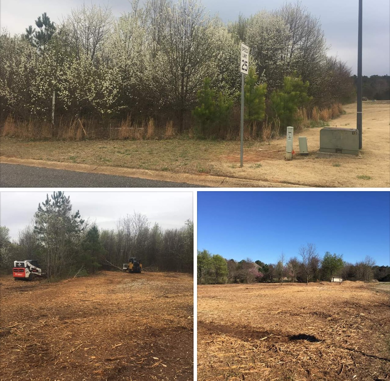 A three-panel collage showing a wooded lot before and after clearing with heavy machinery.
