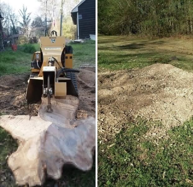 A split screen showing a stump grinder cutting a tree stump on the left and a pile of wood chips on the right.