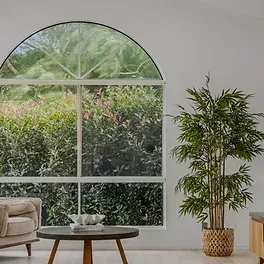 Current Homes - A living room with a couch , table , and plant in front of a large window.