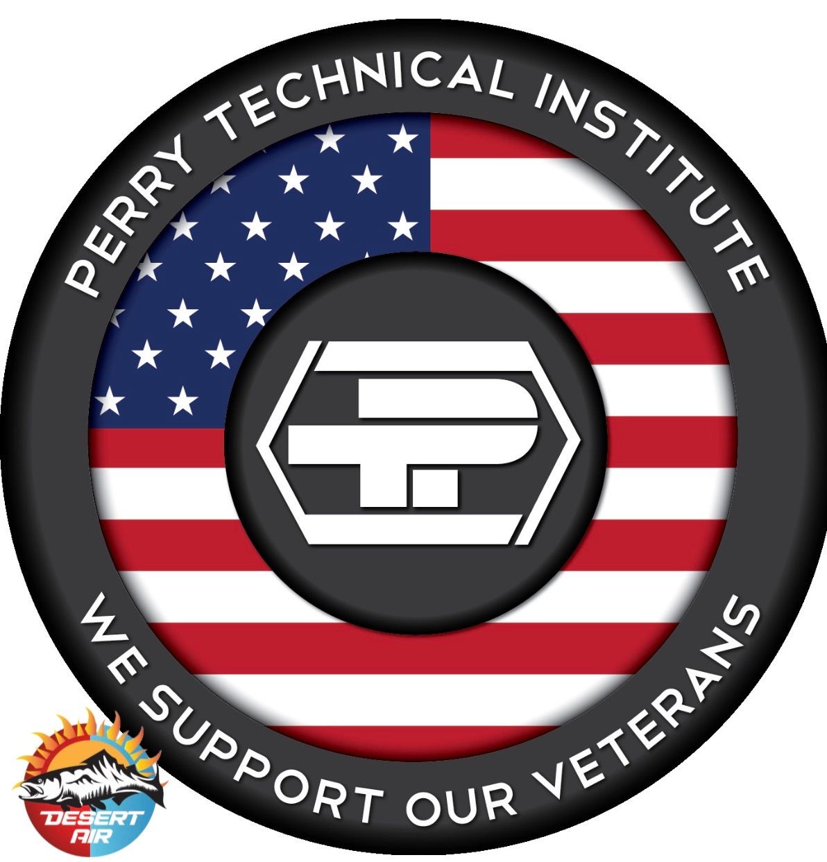 Perry Technical Institute logo over a U.S. flag with “We support our veterans” text.