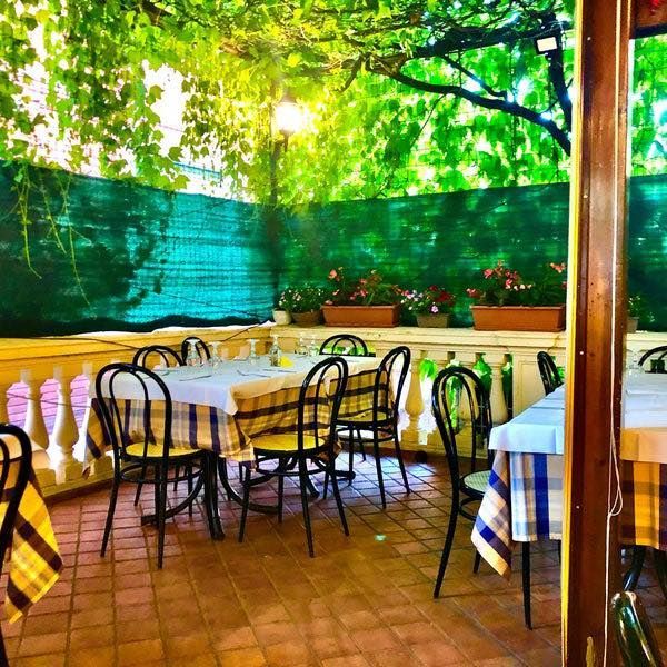 Dehor esterno del caffè con tavoli vuoti e sedie nere sotto un telo ombreggiante verde, illuminato dalla luce del sole