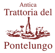 Logo color bordeaux per l'Antica Trattoria del Pontelungo con illustrazione di vino, cibo e stoviglie.