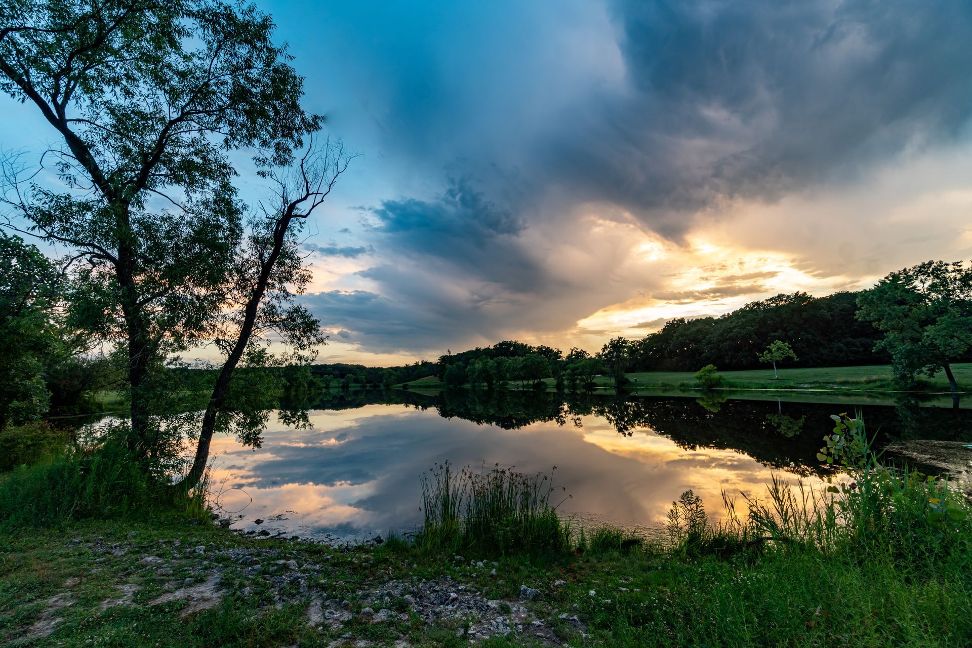 Sunset over a calm lake reflecting clouds, with trees and grassy shore in the foreground