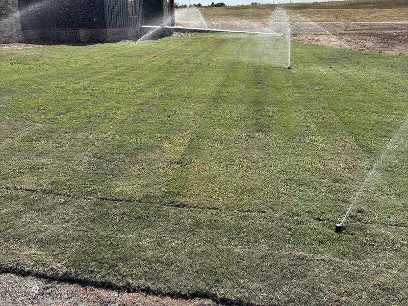 Sprinklers watering a grassy soccer field with a goal in the distance