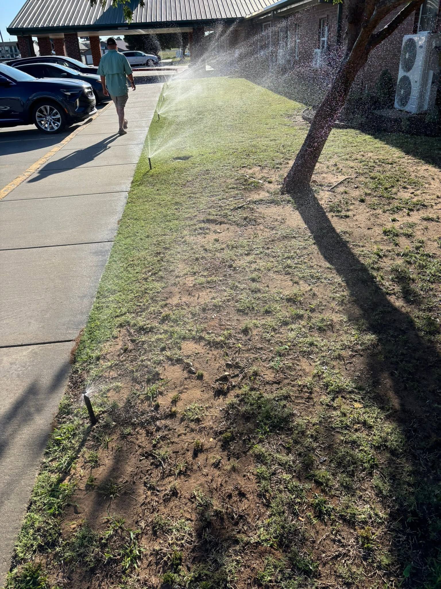 Person watering a grassy roadside strip beside a sidewalk and parked cars