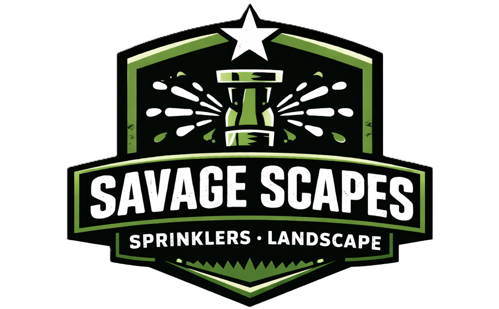 Savage Scapes logo with a star, sprinkler spray, and the words &ldquo;Sprinklers &bull; Landscapes&rdquo;