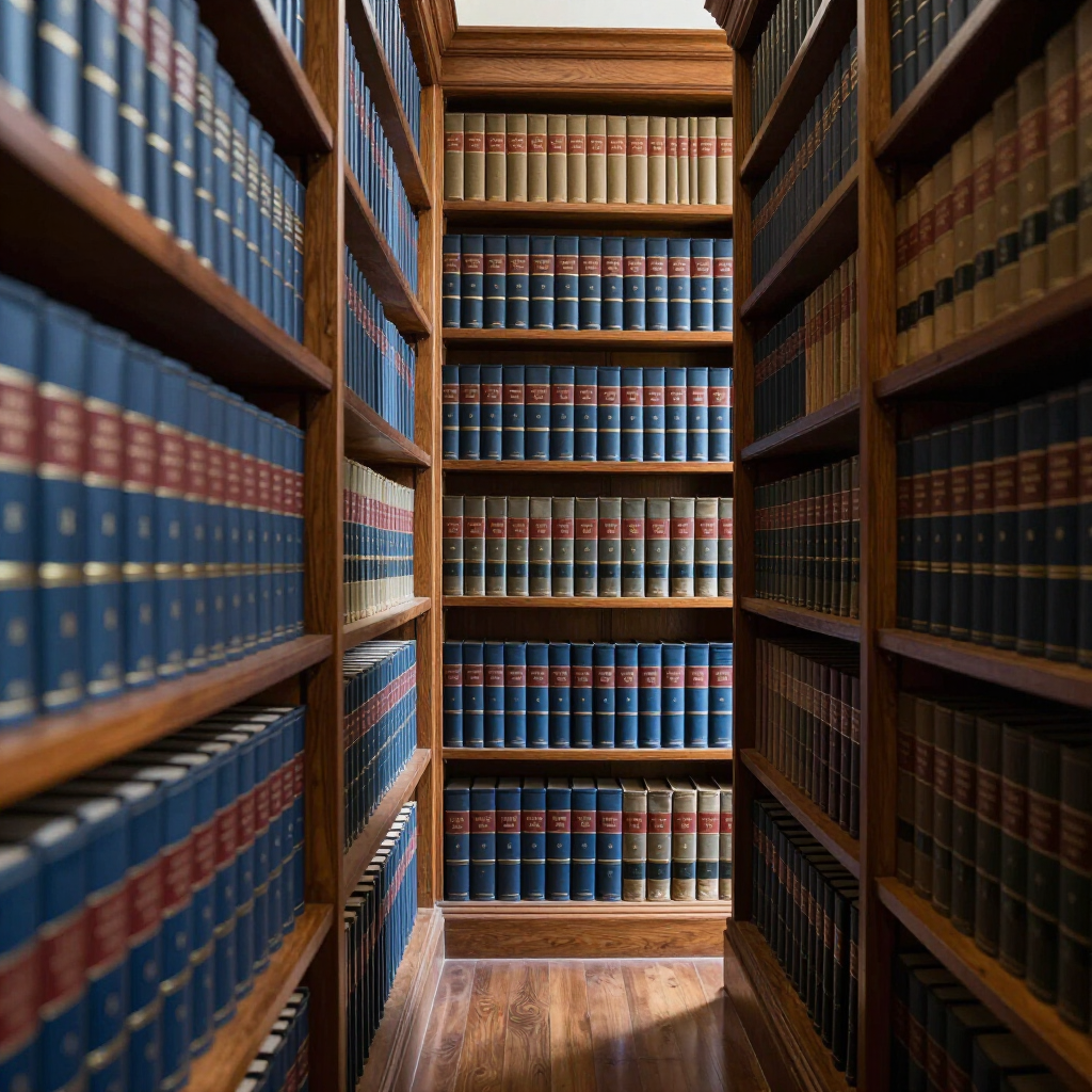Pasillo de biblioteca revestido de madera, flanqueado por estanterías altas con libros de derecho azules y marrones