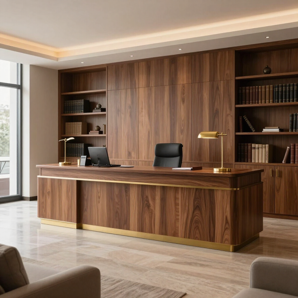 Oficina moderna revestida de madera, con un escritorio grande, estanterías empotradas y una vista luminosa desde la ventana