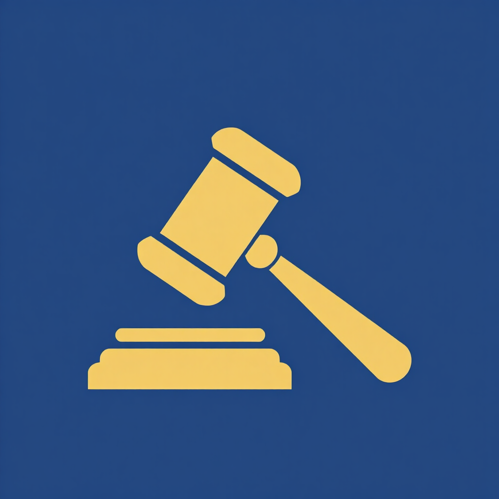 Icono de un mazo amarillo sobre un fondo azul, que representa la ley o la justicia