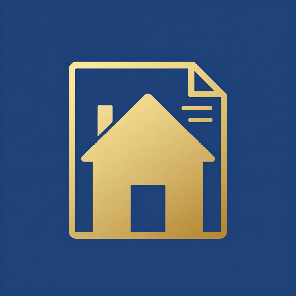 Icono dorado de una casa sobre un documento con fondo azul