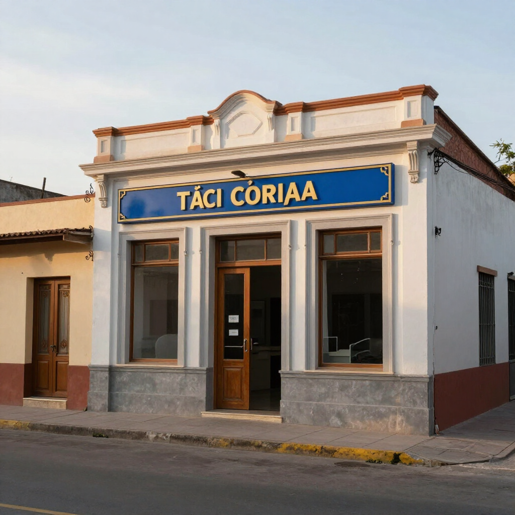 Fachada de una tienda esquinera blanca con un letrero azul que dice «TACI CÓRMAA» y una puerta de madera a pie de calle