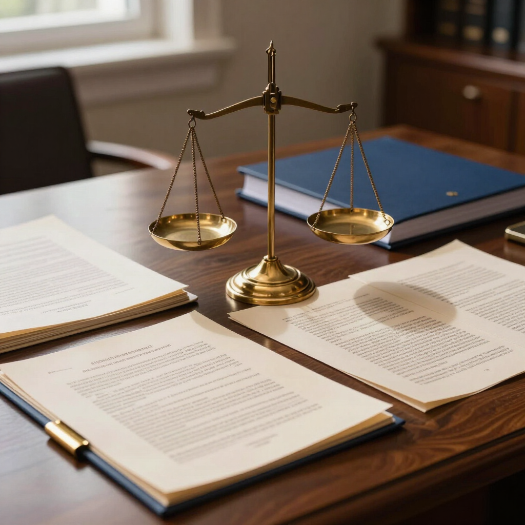 Escritorio de despacho de abogados con una balanza de la justicia dorada, documentos abiertos y un cuaderno azul