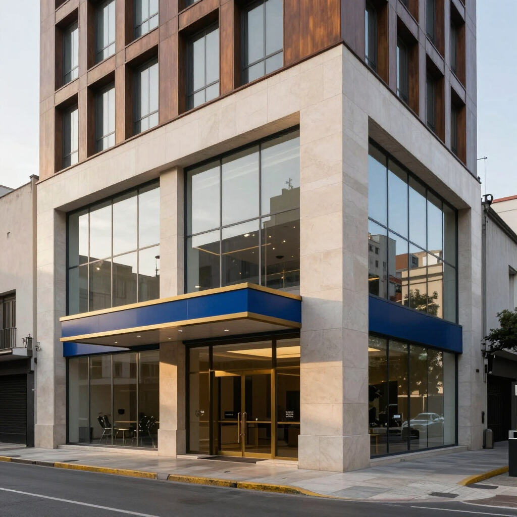 Moderno edificio de oficinas en esquina, con ventanas de cristal y un toldo azul, en una calle de la ciudad