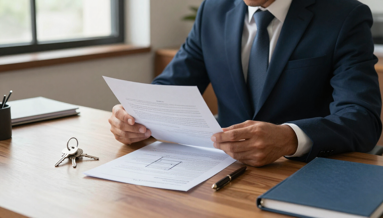 Un empresario revisa documentos en un escritorio, con unas llaves y un cuaderno cerca