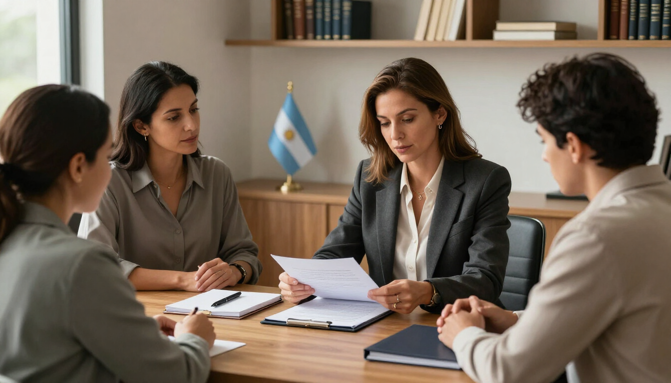 Cuatro personas en una sala de reuniones revisan documentos en una mesa, con una bandera argentina al fondo.