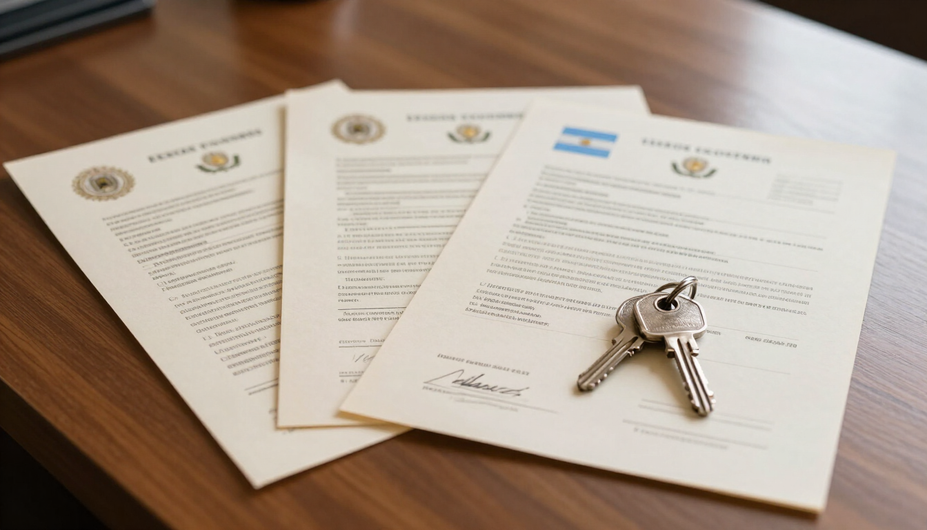 Tres documentos inmobiliarios sobre una mesa de madera con un juego de llaves encima