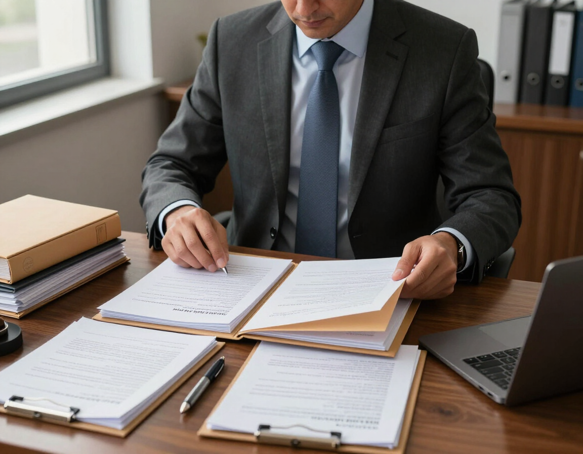 Un empresario revisa unos documentos en un escritorio con un portátil, cuadernos y papeles en una oficina