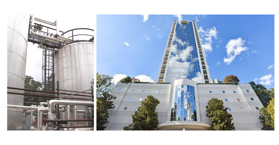 A split-screen showing large industrial storage tanks on the left and a tall, modern glass skyscraper on the right.