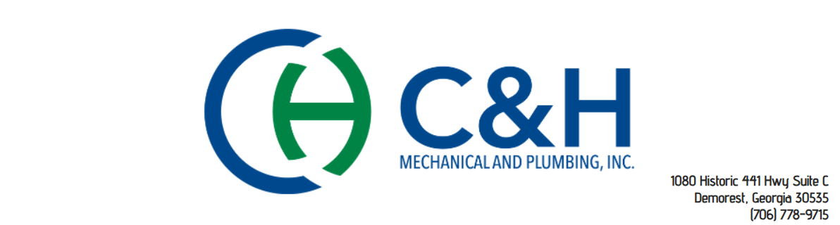 Logo for C&H Mechanical and Plumbing, Inc. featuring a green H inside a blue C, with company name and contact info.