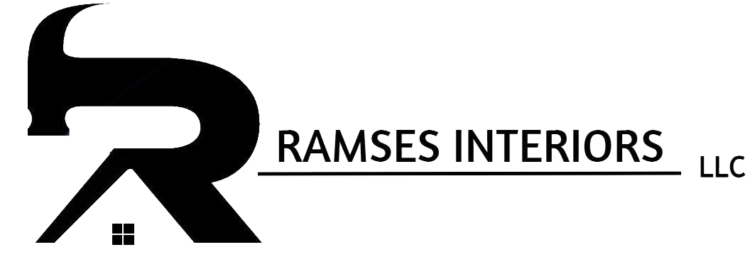 The logo for ramses interiors llc is black and white.