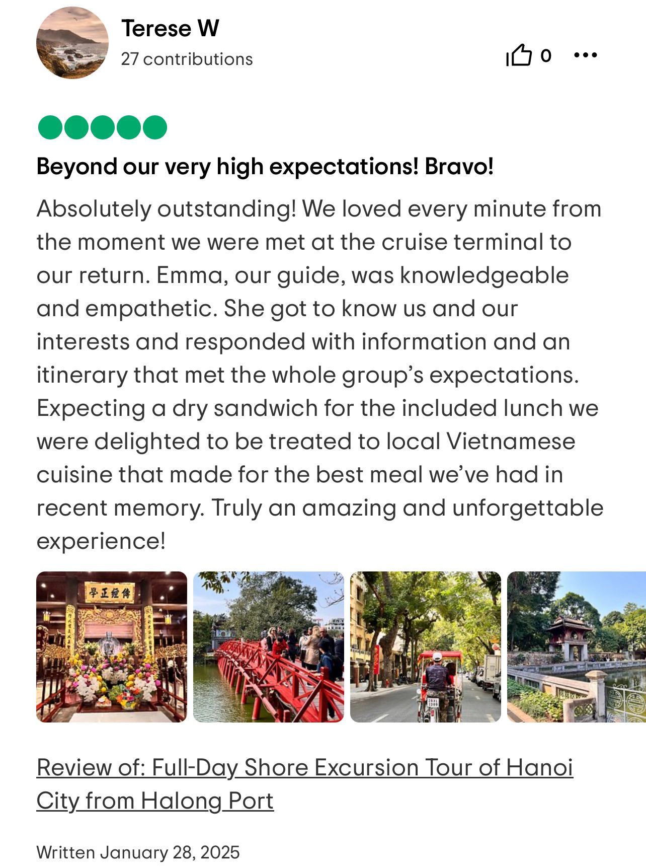 A screenshot of another customer review on TripAdvisor, describing their memorable experience with Up Travel Vietnam, highlighting the local cuisine and well-organized itinerary.
