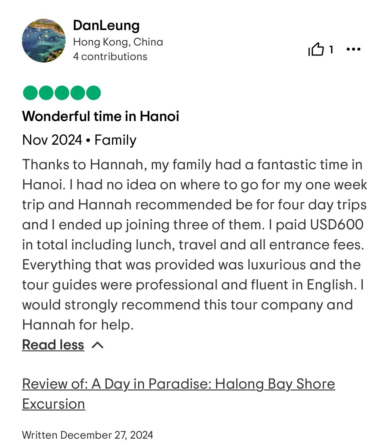 A screenshot of a customer review on TripAdvisor, sharing a positive experience with Up Travel Vietnam, mentioning the quality of services, guides, and itinerary.