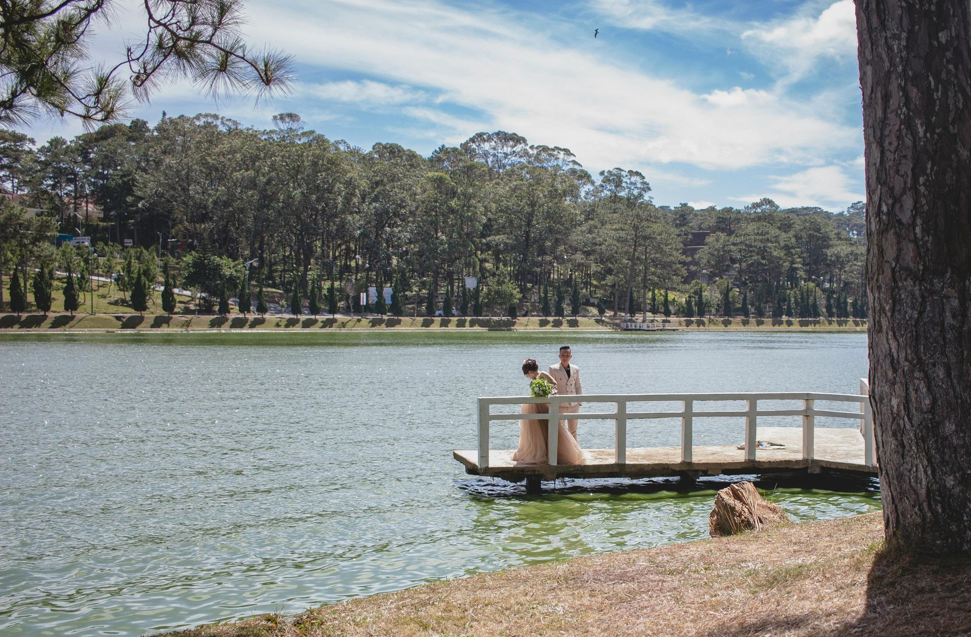 A couple embracing on a white dock extending over a tranquil lake, surrounded by tall pine trees in Da Lat, Vietnam.