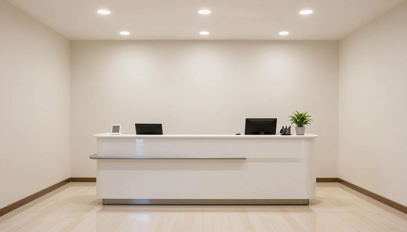 Neat, well-maintained commercial reception area with clean walls and properly fitted fixtures