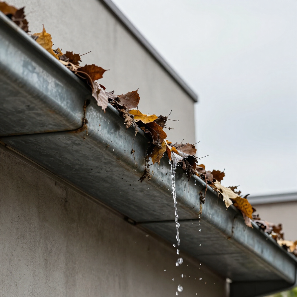 Blocked commercial building gutter overflowing with wet leaves and debris during Sydney winter rain