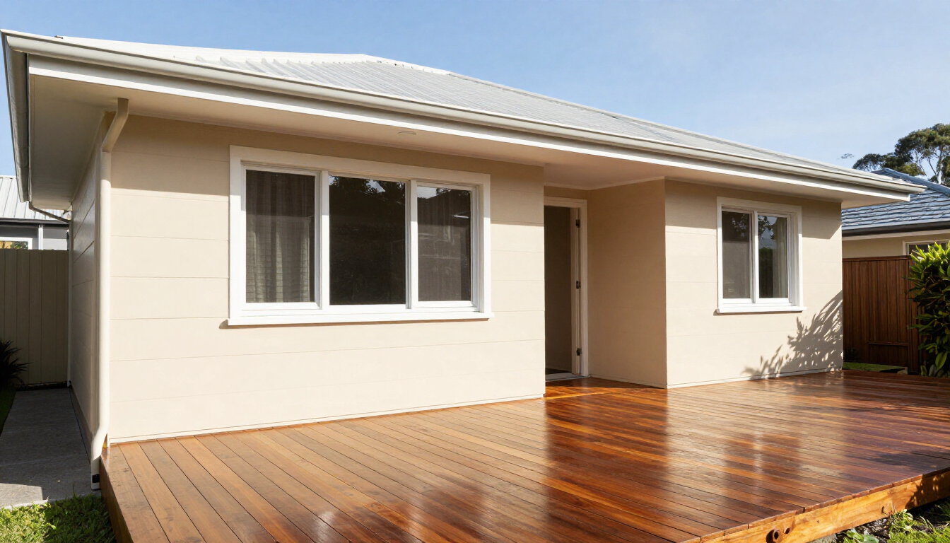 Sydney residential property exterior showing maintained timber deck, painted facade and clean gutter