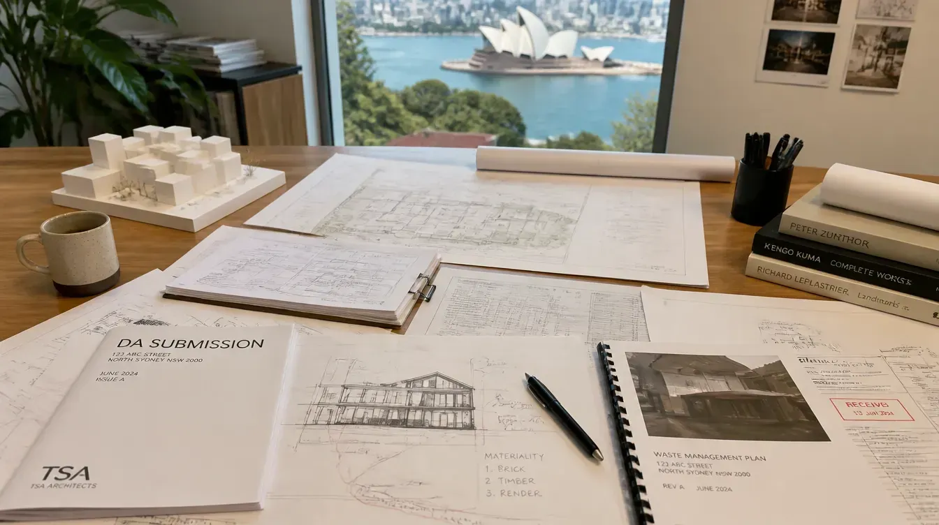 Architectural drawings and planning documents laid out on a table in a Sydney architect's office