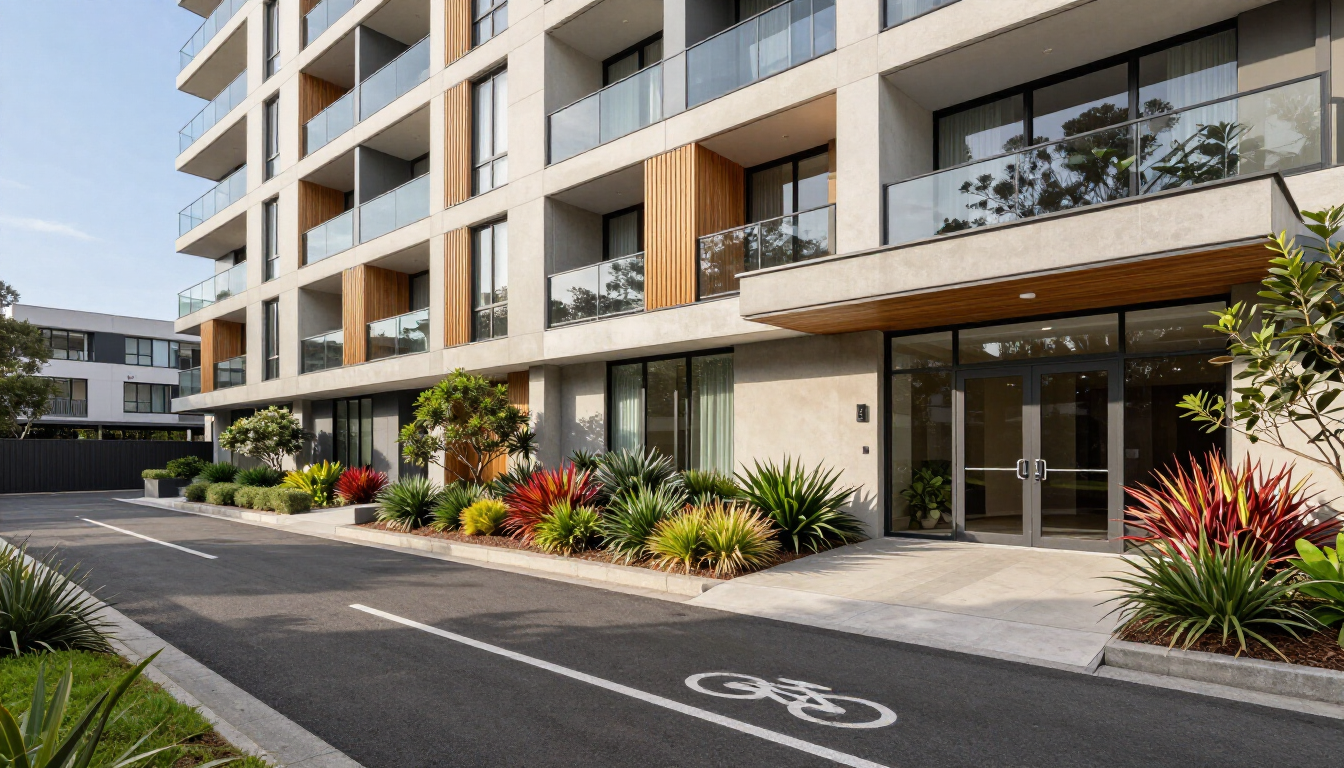 Sydney strata apartment complex exterior showing common property gardens, driveway and entry facade