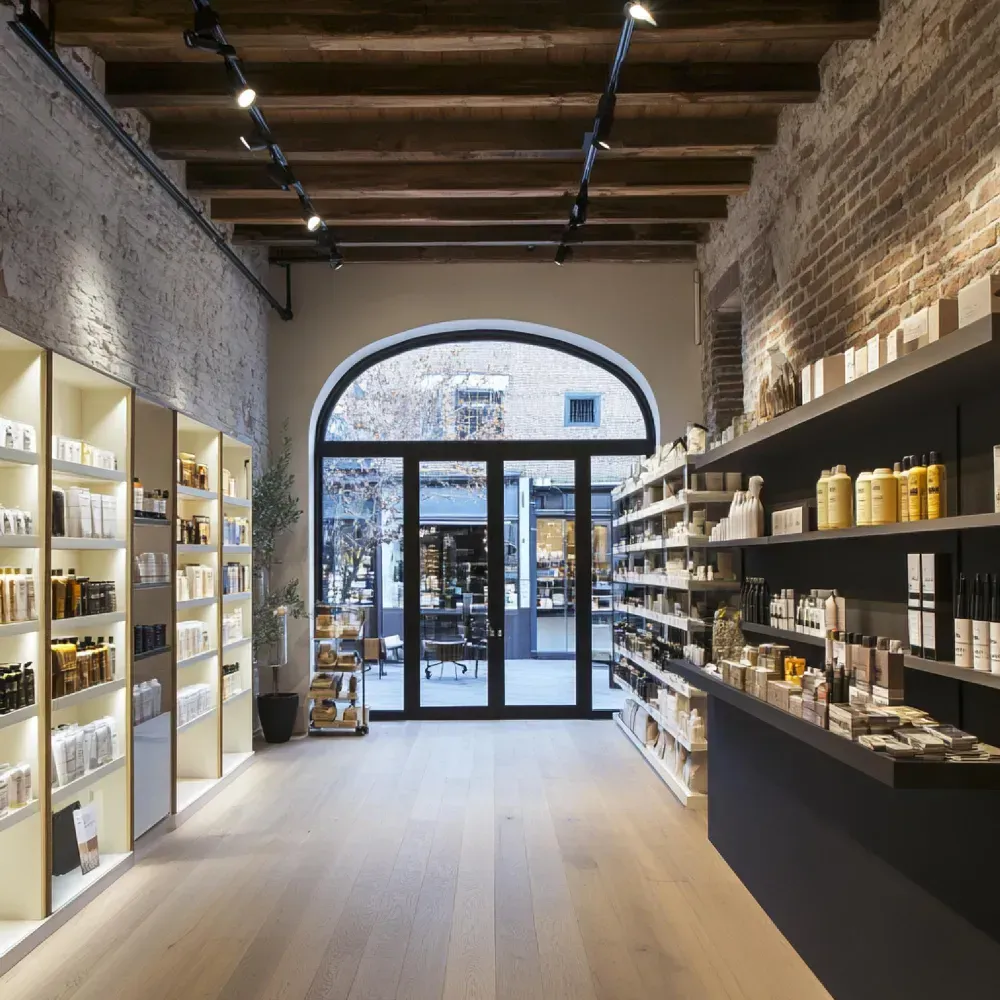 Boutique retail shop fitout with exposed brick walls, timber beam ceiling, backlit s`Boutique retail