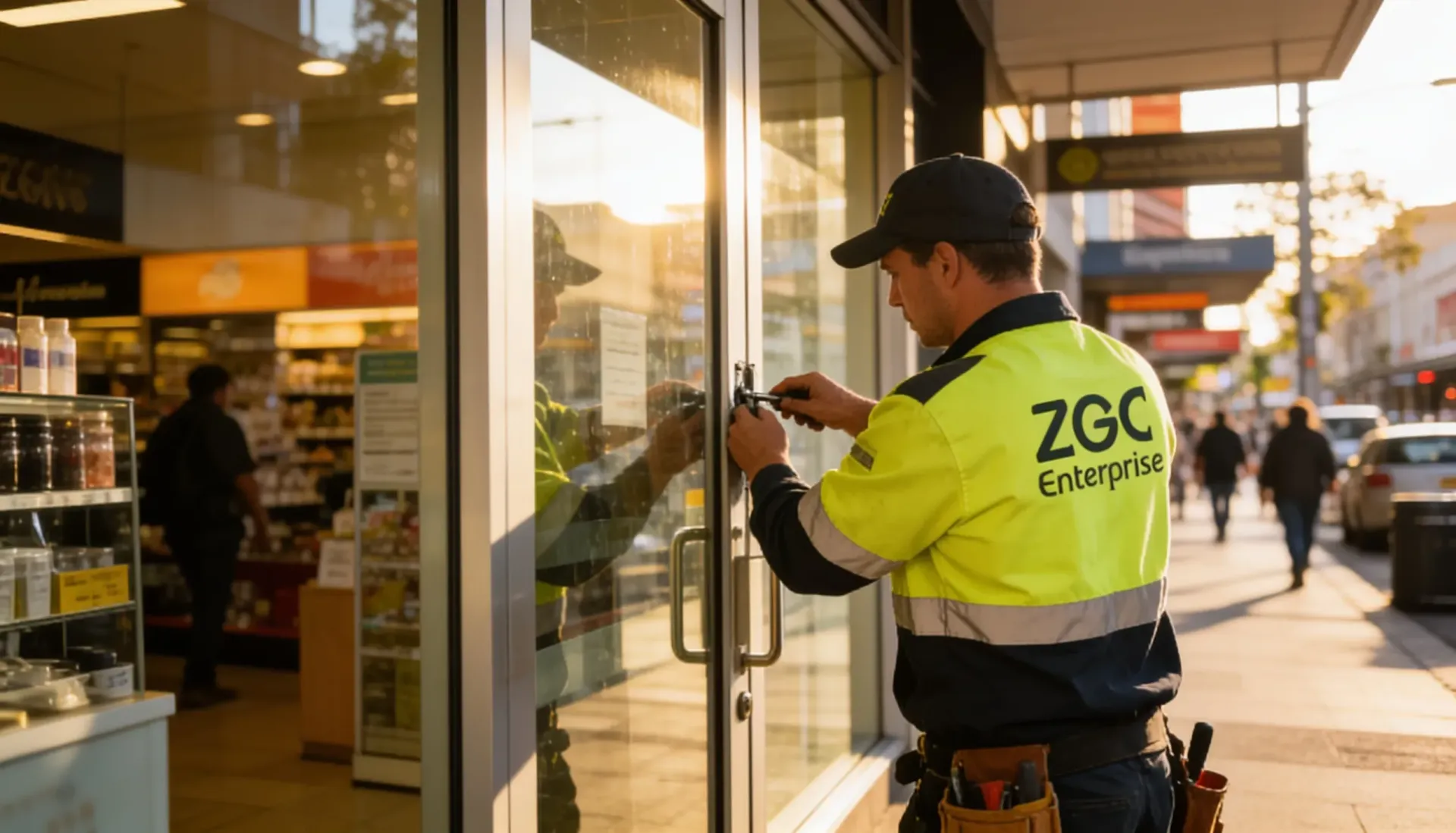 A tradesman in branded workwear repairing a glass shopfront door in a busy Sydney retail strip.