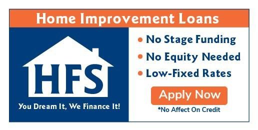 HFS home improvement loans ad with orange banner, blue logo, and bullets for no stage funding, no equity, low-fixed rates